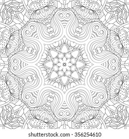 Tracery binary monochrome pattern. Mehendi carpet design. Neat even harmonious calming doodle texture. Also seamless. Indifferent discreet. Ambitious bracing usable, curved doodling mehndi. Vector.