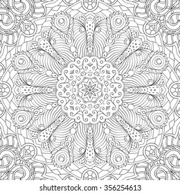 Tracery binary monochrome pattern. Mehendi carpet design. Neat even harmonious calming doodle texture. Also seamless. Indifferent discreet. Ambitious bracing usable, curved doodling mehndi. Vector.