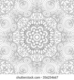 Tracery binary monochrome pattern. Mehendi carpet design. Neat even harmonious calming doodle texture. Also seamless. Indifferent discreet. Ambitious bracing usable, curved doodling mehndi. Vector.