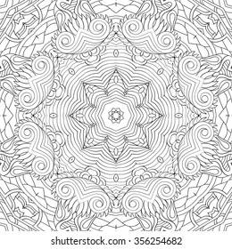 Tracery binary monochrome pattern. Mehendi carpet design. Neat even harmonious calming doodle texture. Also seamless. Indifferent discreet. Ambitious bracing usable, curved doodling mehndi. Vector.
