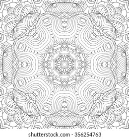 Tracery binary monochrome pattern. Mehendi carpet design. Neat even harmonious calming doodle texture. Also seamless. Indifferent discreet. Ambitious bracing usable, curved doodling mehndi. Vector.