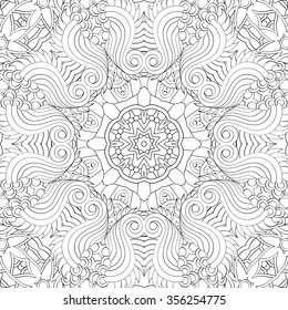 Tracery binary monochrome pattern. Mehendi carpet design. Neat even harmonious calming doodle texture. Also seamless. Indifferent discreet. Ambitious bracing usable, curved doodling mehndi. Vector.