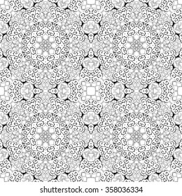 Tracery binary monochrome pattern. Mehendi carpet design. Neat even harmonious calming doodle texture. Also seamless. Indifferent discreet. Ambitious bracing usable, curved doodling mehndi. Vector.