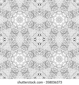 Tracery binary monochrome pattern. Mehendi carpet design. Neat even harmonious calming doodle texture. Also seamless. Indifferent discreet. Ambitious bracing usable, curved doodling mehndi. Vector.