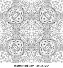 Tracery binary monochrome pattern. Mehendi carpet design. Neat even harmonious calming doodle texture. Also seamless. Indifferent discreet. Ambitious bracing usable, curved doodling mehndi. Vector.