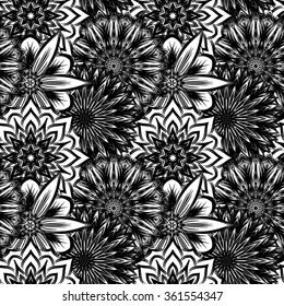 Tracery binary monochrome pattern. Mehendi carpet design. Neat even harmonious calming doodle texture. Also seamless. Indifferent discreet. Ambitious bracing usable, curved doodling mehndi. Vector.