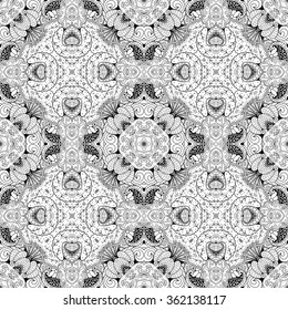 Tracery binary monochrome pattern. Mehendi carpet design. Neat even harmonious calming doodle texture. Also seamless. Indifferent discreet. Ambitious bracing usable, curved doodling mehndi. Vector.