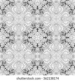 Tracery binary monochrome pattern. Mehendi carpet design. Neat even harmonious calming doodle texture. Also seamless. Indifferent discreet. Ambitious bracing usable, curved doodling mehndi. Vector.
