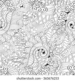 Tracery binary monochrome pattern. Mehendi carpet design. Neat even harmonious calming doodle texture. Also seamless. Indifferent discreet. Ambitious bracing usable, curved doodling mehndi. Vector.