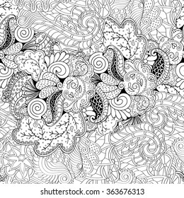 Tracery binary monochrome pattern. Mehendi carpet design. Neat even harmonious calming doodle texture. Also seamless. Indifferent discreet. Ambitious bracing usable, curved doodling mehndi. Vector.