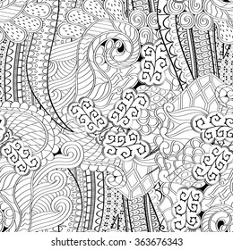Tracery binary monochrome pattern. Mehendi carpet design. Neat even harmonious calming doodle texture. Also seamless. Indifferent discreet. Ambitious bracing usable, curved doodling mehndi. Vector.