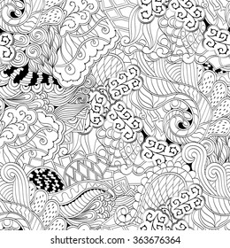 Tracery binary monochrome pattern. Mehendi carpet design. Neat even harmonious calming doodle texture. Also seamless. Indifferent discreet. Ambitious bracing usable, curved doodling mehndi. Vector.