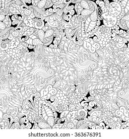 Tracery binary monochrome pattern. Mehendi carpet design. Neat even harmonious calming doodle texture. Also seamless. Indifferent discreet. Ambitious bracing usable, curved doodling mehndi. Vector.