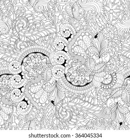 Tracery binary monochrome pattern. Mehendi carpet design. Neat even harmonious calming doodle texture. Also seamless. Indifferent discreet. Ambitious bracing usable, curved doodling mehndi. Vector.