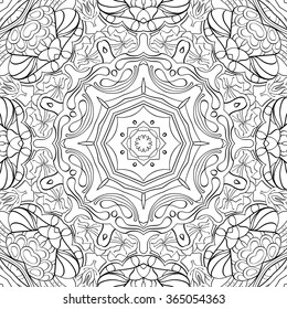 Tracery binary monochrome pattern. Mehendi carpet design. Neat even harmonious calming doodle texture. Also seamless. Indifferent discreet. Ambitious bracing usable, curved doodling mehndi. Vector.