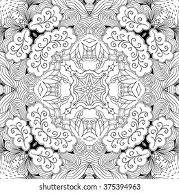 Tracery binary monochrome pattern. Mehendi carpet design. Neat even harmonious calming doodle texture.  Ambitious bracing usable, curved doodling mehndi. Vector.