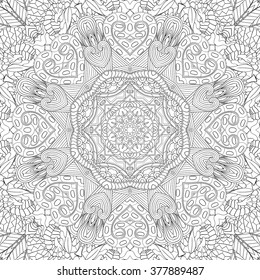 Tracery binary monochrome pattern. Mehendi carpet design. Neat even harmonious calming doodle texture. Also seamless. Indifferent discreet. Ambitious bracing usable, curved doodling mehndi. Vector.
