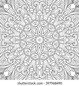 Tracery binary monochrome pattern. Mehendi carpet design. Neat even harmonious calming doodle texture. Also seamless. Indifferent discreet. Ambitious bracing usable, curved doodling mehndi. Vector.