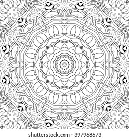Tracery binary monochrome pattern. Mehendi carpet design. Neat even harmonious calming doodle texture. Also seamless. Indifferent discreet. Ambitious bracing usable, curved doodling mehndi. Vector.