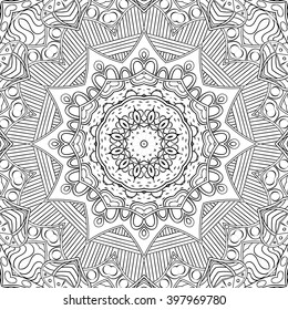 Tracery binary monochrome pattern. Mehendi carpet design. Neat even harmonious calming doodle texture. Also seamless. Indifferent discreet. Ambitious bracing usable, curved doodling mehndi. Vector.