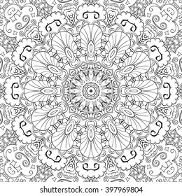 Tracery binary monochrome pattern. Mehendi carpet design. Neat even harmonious calming doodle texture. Also seamless. Indifferent discreet. Ambitious bracing usable, curved doodling mehndi. Vector.