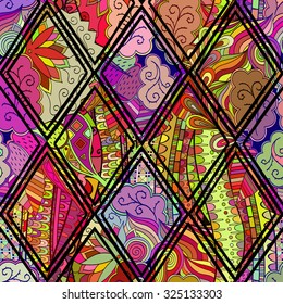 Tracery calming pattern. Mehendi design. Neat even colorful harmonious doodle texture in the style of stained glass. Algae sea motif. Ambitious bracing usable, curved doodling mehndi. Vector.