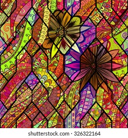 Tracery calming pattern. Mehendi design. Neat even colorful harmonious doodle texture in the style of stained glass. Algae sea motif. Ambitious bracing usable, curved doodling mehndi. Vector.
