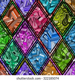 Tracery calming pattern in the style of stained glass. Mehendi design. Neat even colorful harmonious doodle texture. Algae sea motif. Ambitious bracing usable, curved doodling mehndi. Vector.