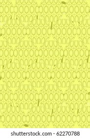 Tracery as circles with ovals and abstract geometric shapes on a yellow background.