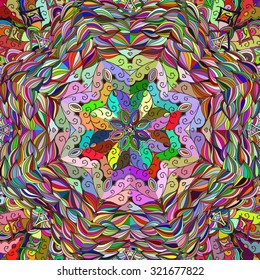 Tracery colorful pattern. Mehendi carpet design. Neat even harmonious calming doodle texture. Algae sea varied motif. Indifferent discreet. Ambitious bracing usable, curved doodling mehndi. Vector.