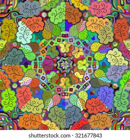 Tracery colorful pattern. Mehendi carpet design. Neat even harmonious calming doodle texture. Algae sea varied motif. Indifferent discreet. Ambitious bracing usable, curved doodling mehndi. Vector.