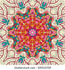 Tracery colorful pattern. Mehendi carpet design. Neat even harmonious calming doodle texture. Also seamless. Indifferent discreet. Trace ambitious bracing usable, curved doodling mehndi. Vector.