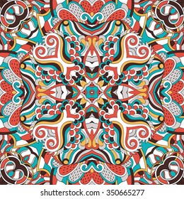 Tracery colorful pattern. Mehendi carpet design. Neat even harmonious calming doodle texture. Also seamless. Indifferent discreet. Ambitious bracing usable, curved doodling mehndi. Vector.