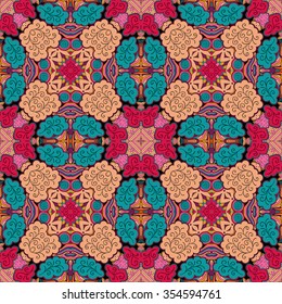 Tracery colorful pattern. Mehendi carpet design. Neat even harmonious calming doodle texture. Also seamless. Indifferent discreet. Ambitious bracing usable, curved doodling mehndi. Vector.