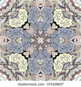 Tracery colorful pattern. Mehendi carpet design. Neat even harmonious calming doodle texture. Also seamless. Indifferent discreet. Ambitious bracing usable, curved doodling mehndi. Vector.