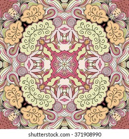 Tracery colorful pattern. Mehendi carpet design. Neat even harmonious calming doodle texture. Also seamless. Indifferent discreet. Ambitious bracing usable, curved doodling mehndi. Vector.