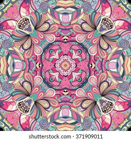 Tracery colorful pattern. Mehendi carpet design. Neat even harmonious calming doodle texture. Also seamless. Indifferent discreet. Ambitious bracing usable, curved doodling mehndi. Vector.
