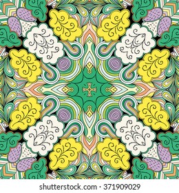 Tracery colorful pattern. Mehendi carpet design. Neat even harmonious calming doodle texture. Also seamless. Indifferent discreet. Ambitious bracing usable, curved doodling mehndi. Vector.