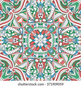Tracery colorful pattern. Mehendi carpet design. Neat even harmonious calming doodle texture. Also seamless. Indifferent discreet. Ambitious bracing usable, curved doodling mehndi. Vector.