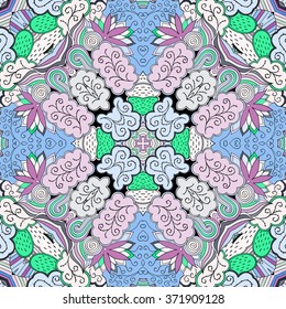 Tracery colorful pattern. Mehendi carpet design. Neat even harmonious calming doodle texture. Also seamless. Indifferent discreet. Ambitious bracing usable, curved doodling mehndi. Vector.