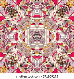 Tracery colorful pattern. Mehendi carpet design. Neat even harmonious calming doodle texture. Also seamless. Indifferent discreet. Ambitious bracing usable, curved doodling mehndi. Vector.