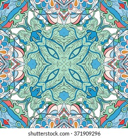 Tracery colorful pattern. Mehendi carpet design. Neat even harmonious calming doodle texture. Also seamless. Indifferent discreet. Ambitious bracing usable, curved doodling mehndi. Vector.