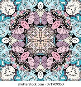 Tracery colorful pattern. Mehendi carpet design. Neat even harmonious calming doodle texture. Also seamless. Indifferent discreet. Ambitious bracing usable, curved doodling mehndi. Vector.