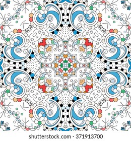 Tracery colorful pattern. Mehendi carpet design. Neat even harmonious calming doodle texture. Also seamless. Indifferent discreet. Ambitious bracing usable, curved doodling mehndi. Vector.