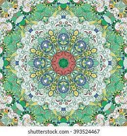 Tracery colorful pattern. Mehendi carpet design. Harmonious calming doodle texture. Also seamless.Curved doodling mehndi. Vector.