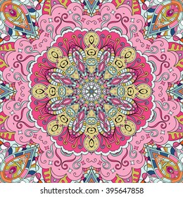 Tracery colorful pattern. Mehendi carpet design. Ethnic colorful harmonious doodle texture. Indifferent discreet. Curved doodling mehndi motif. Vector.