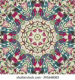 Tracery colorful pattern. Mehendi carpet design. Ethnic colorful harmonious doodle texture. Indifferent discreet. Curved doodling mehndi motif. Vector.