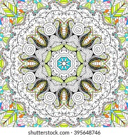 Tracery colorful pattern. Mehendi carpet design. Ethnic colorful harmonious doodle texture. Indifferent discreet. Curved doodling mehndi motif. Vector.
