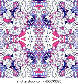 Tracery colorful pattern. Mehendi carpet design. Ethnic colorful harmonious doodle texture. Indifferent discreet. Curved doodling mehndi motif. Vector.