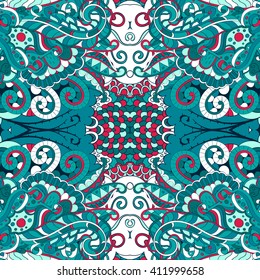 Tracery colorful pattern. Mehendi carpet design. Ethnic colorful harmonious doodle texture. Indifferent discreet. Curved doodling mehndi motif. Vector.